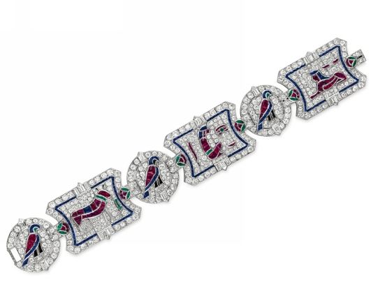 Art Deco diamond and multi-gem bracelet of Egyptian Revival design. Composed of ...