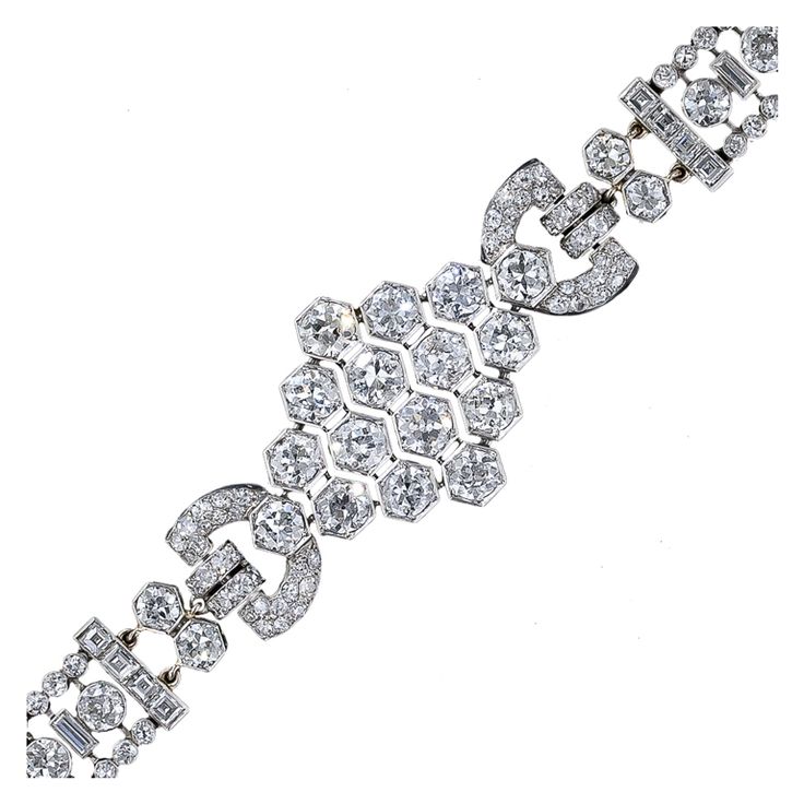 Art Deco Platinum Diamond Bracelet | From a unique collection of vintage more br...