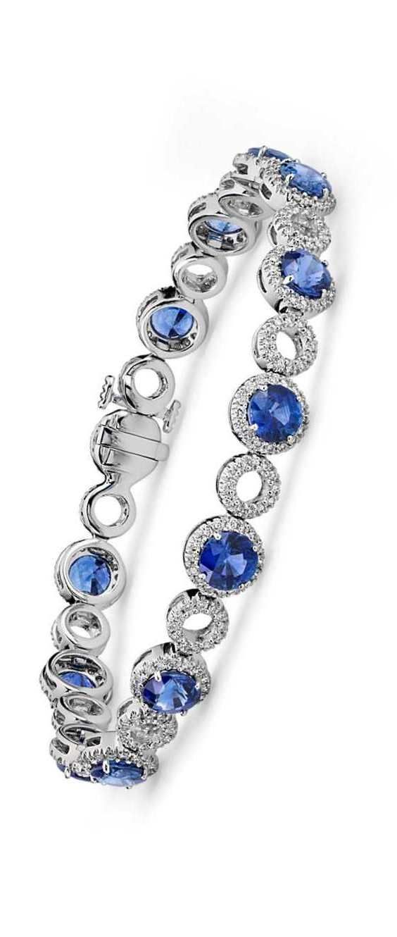 Blue Sapphire and Open Circle Pavé Diamond Bracelet in 18k White Gold | Somethi...