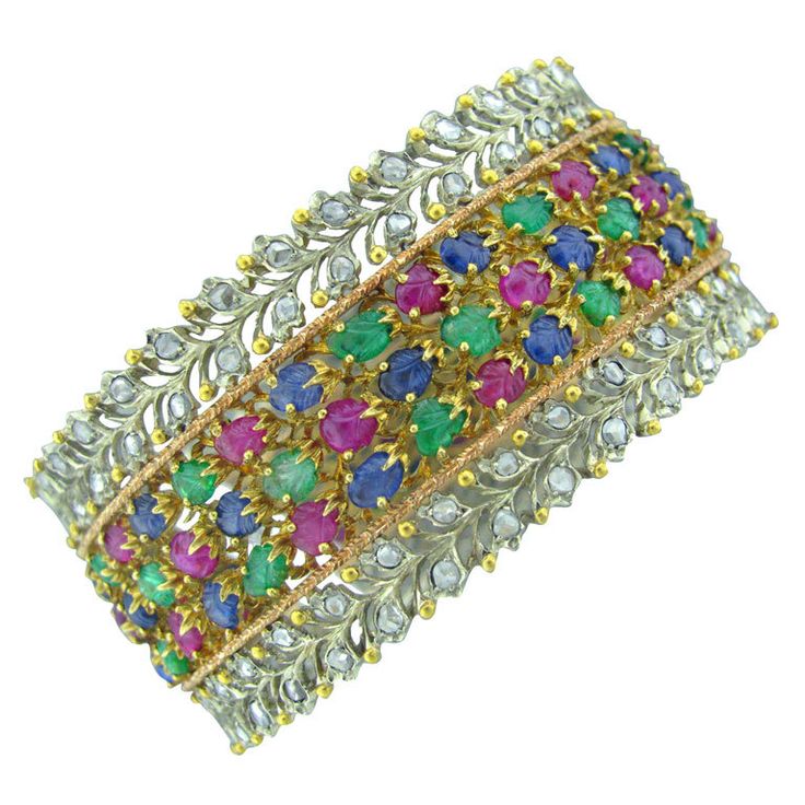 BUCCELLATI Gold Emerald Sapphire Ruby & Diamond Bangle Bracelet