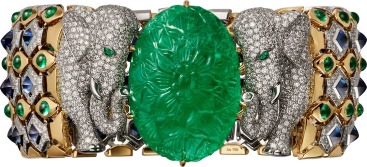 Cartier. Bracelet - platinum, yellow gold, one 79.50-carat carved emerald from C...