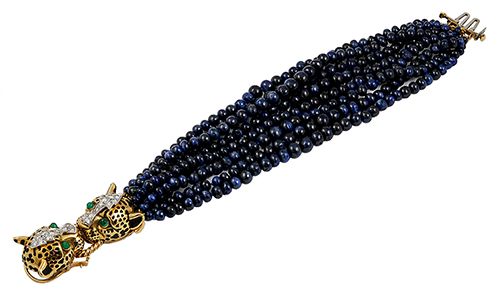 DAVID WEBB Diamond & Sapphire Beads Double Leopard Bracelets - Yafa Jewelry