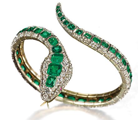 Emerald and diamond bangle: rose-cut diamond body, rectangular-cut emeralds, rou...