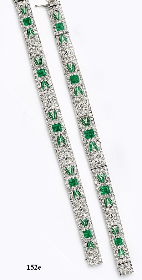 Emerald-cut emerald, calibré emerald, diamond and platinum bracelets which conv...