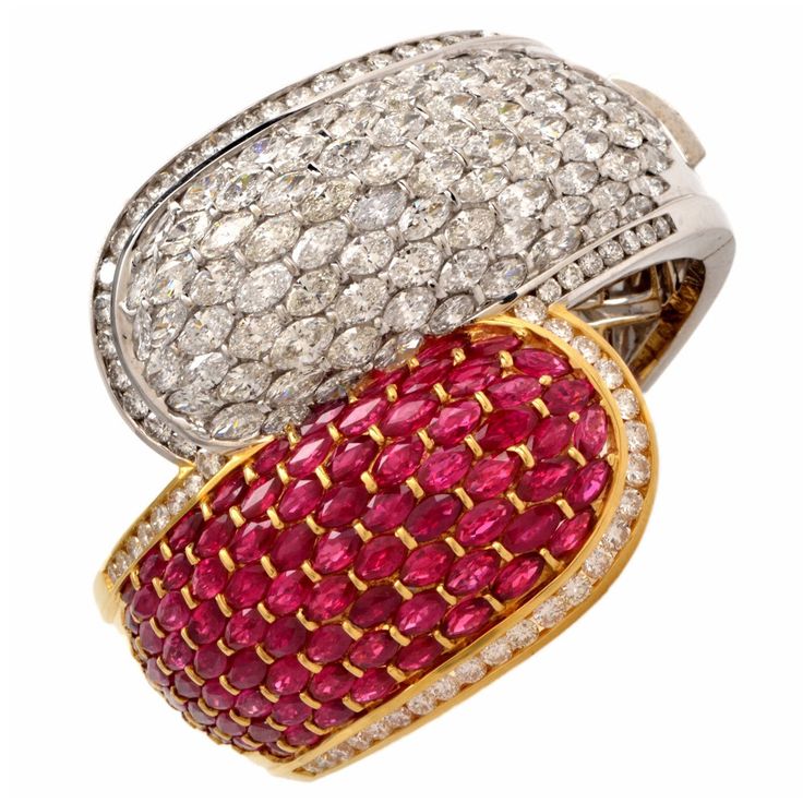 Exceptional 69.17 Carat Ruby Diamond Two Color Gold BANGLE Cuff Bracelet ....