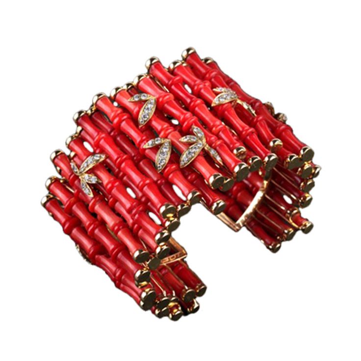 1stdibs Coral, Diamond 18K Gold Cuff Bracelet Contemporary