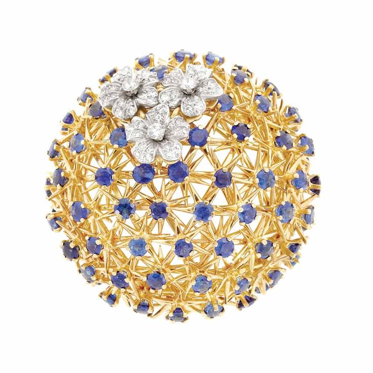 Gold, Platinum, Diamond and Sapphire Clip-Brooch, Tiffany & Co., France  3 round...