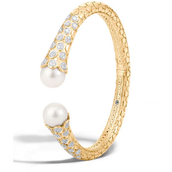 John Hardy Dot Medium 18K Diamond & Pearl Kick Cuff Bracelet ($12,640) ❤ l...