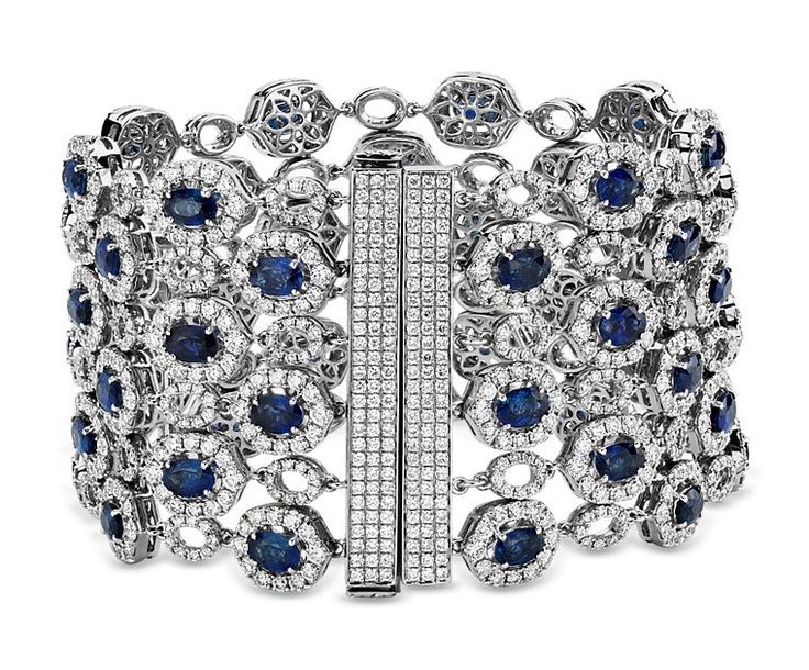 Oval Sapphire and Pavé Diamond Wide Bracelet in 18k White Gold