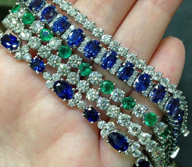 Sapphires, emeralds, and diamonds sparkle in these bracelets by Coast Diamond.