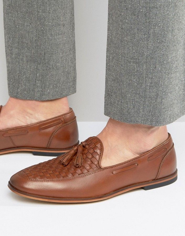 ASOS Loafers In Tan Leather With Woven Detail