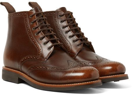 Grenson Sharp Burnished Pebble-Grain Leather Brogue Boots