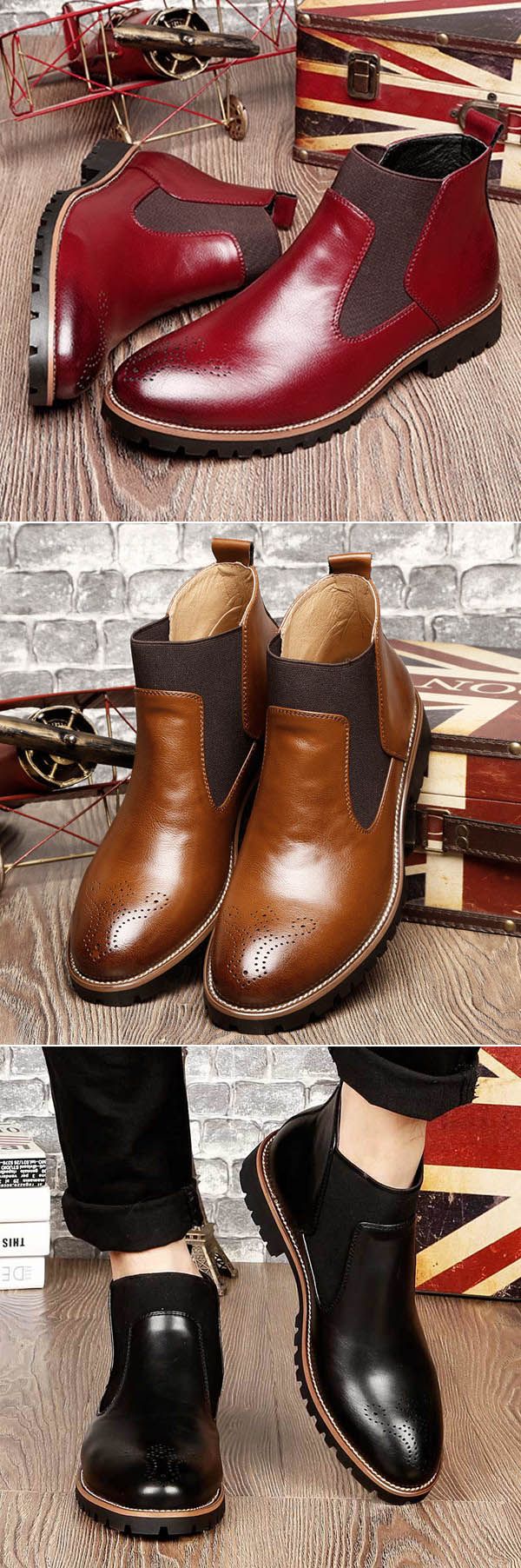 Men Retro Leather Carved British Style Casual Ankle Chelsea Boots