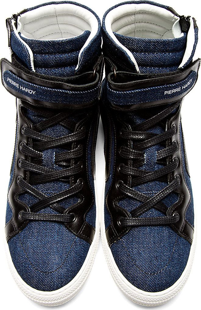 Pierre Hardy: Blue Leather Trim Denim Sneakers...
