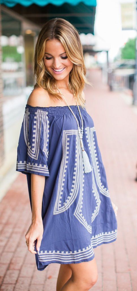 **** Navy and white embroidered off the shoulder dress. Just adorable! Stitch Fi...