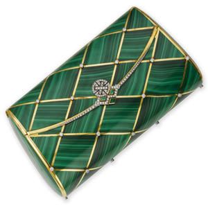 malachite, emerald and diamond evening bag, by Asprey.  Polished malachite secti...