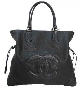 Chanel Black CC Logo Large Washed Grain Leather Drawstring Tote Bag