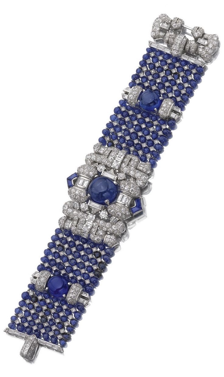 An Art Deco sapphire and diamond bracelet, 1930s. The central panel highlighted ...