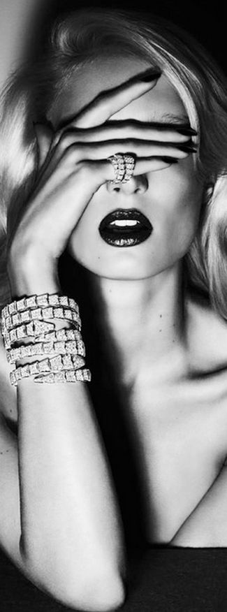 Jewels. Diamonds. Red lips. Seduction. Flirt. Minx. Black and white. Photography...