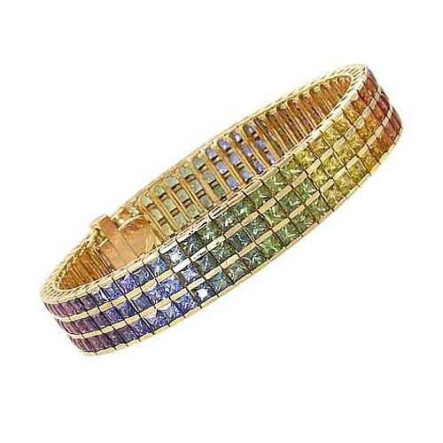 Rainbow Sapphire Tripple Row Channel Set Tennis Bracelet 18K Yellow Gold (30ct t...