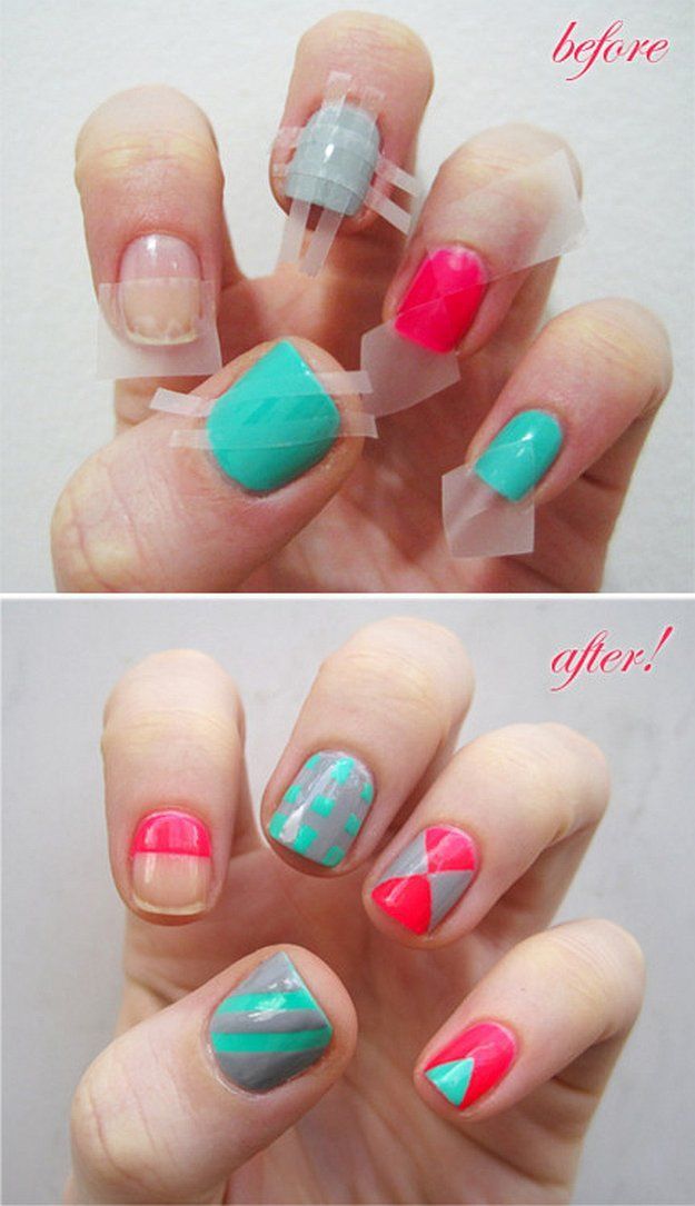 Create Geometric Designs with Tape | Simple Nail Art Ideas for Lazy Girls, check...
