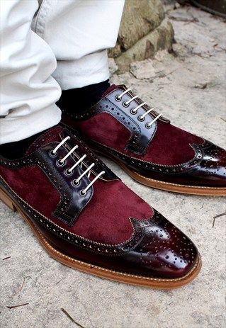 Catania Leather & Suede Two Tone Smart Brogue Shoes Burgundy