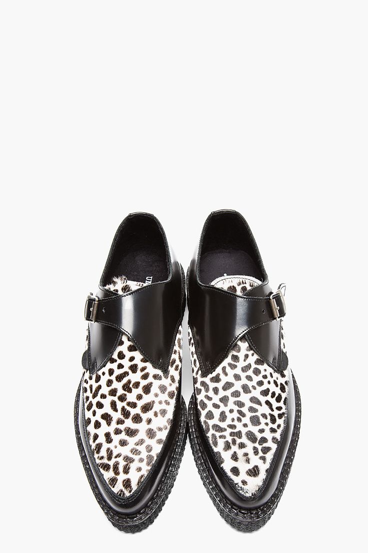 UNDERGROUND Black Leather & Calf-Hair Spotted Leo Creepers
