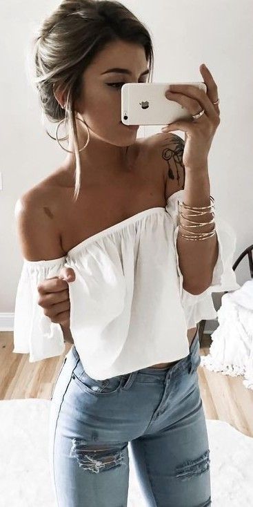#summer #young #outfits |  White Ruffles Cop Top + Denim
