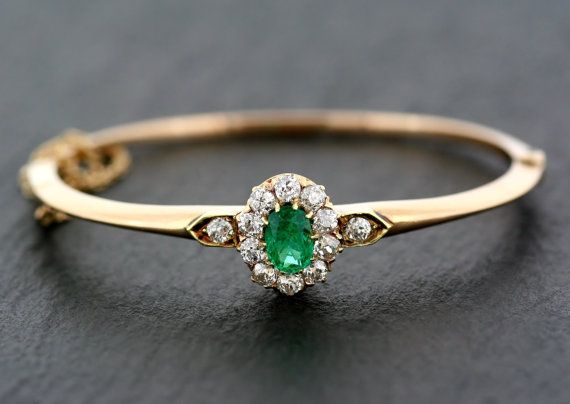 Antique Emerald Bangle - 19th Century Austro-Hungarian Victorian Emerald & Diamo...
