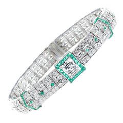 Art Deco Emerald Diamond Platinum Dual Buckle Motif Bracelet