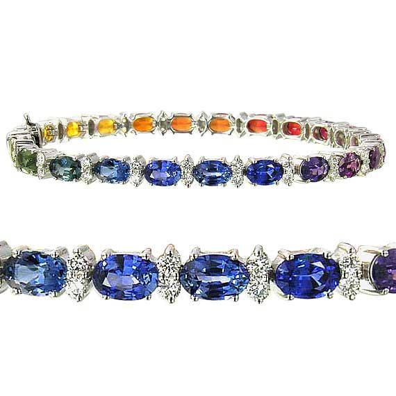 Multicolor Rainbow Sapphire & Diamond 6x4mm Tennis Bracelet 18K WG (15.5ct tw) S...