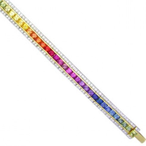 Rainbow Sapphire & Diamond Tennis Bracelet 18K Yellow Gold $5,468 #bracelet #jew...