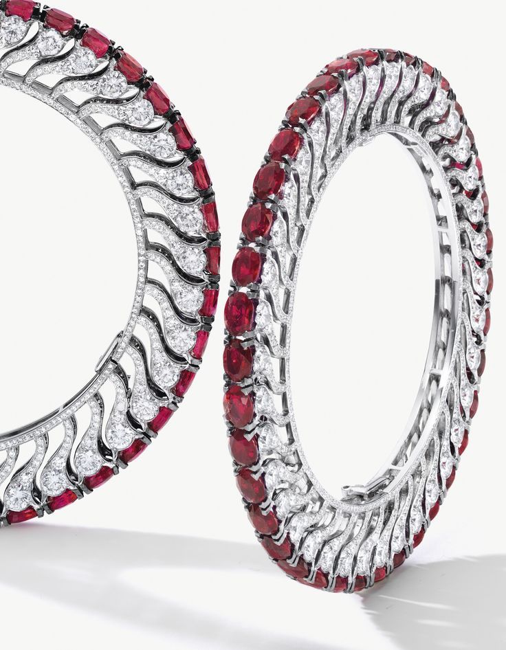 Unique Pair of Ruby and Diamond Bangles, BHAGAT Each set with thirty-eight oval ...