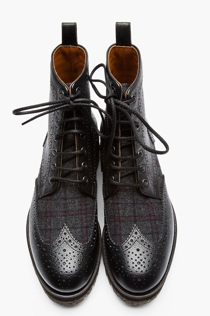 DSQUARED2 Black Pebbled Leather Wool-Trimmed Wingtip Brogue Boots
