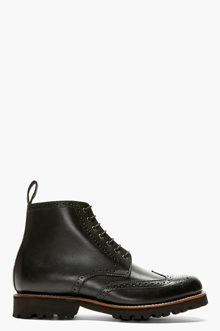 GRENSON Black Leather Brogue Ankle Boots