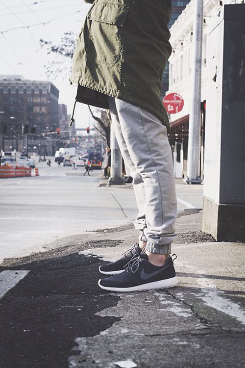 need a pair of grey tapered sweatpants. they look so good with that army green c...