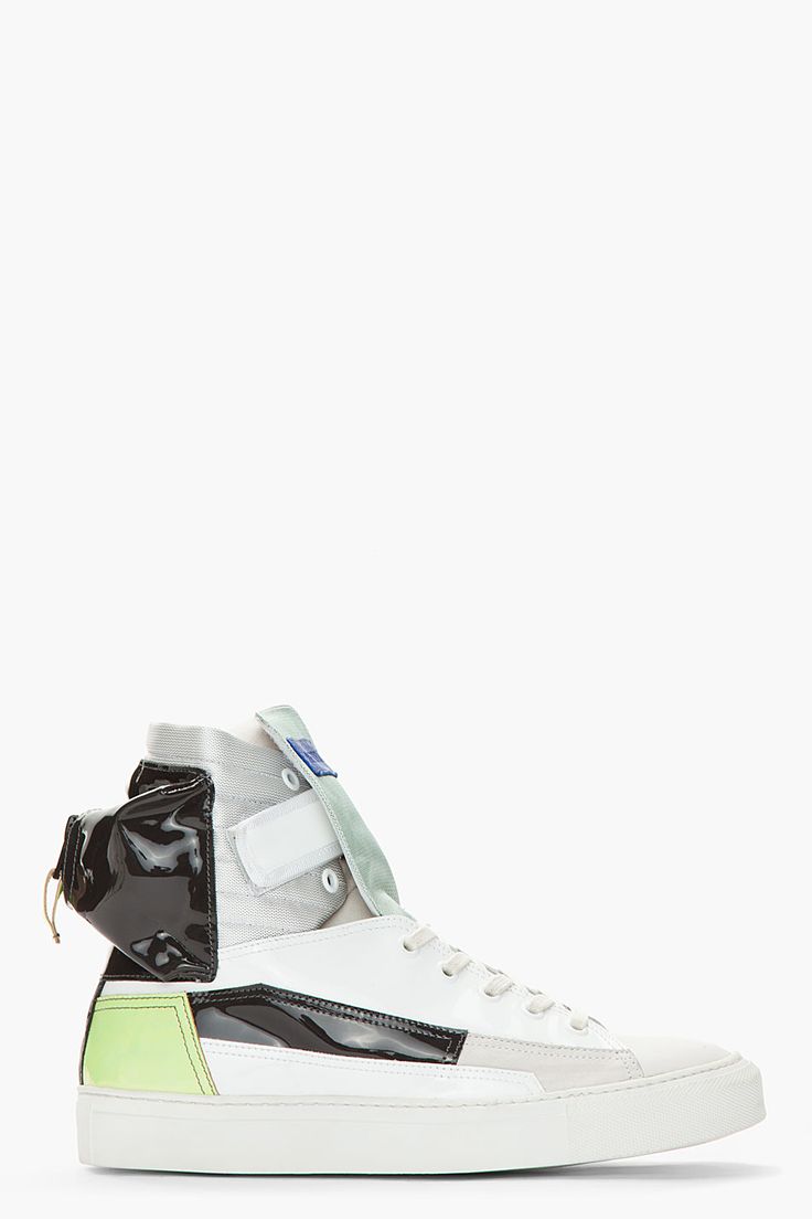 RAF SIMONS White & Green Patent Leather Astronaut Pocket Sneakers