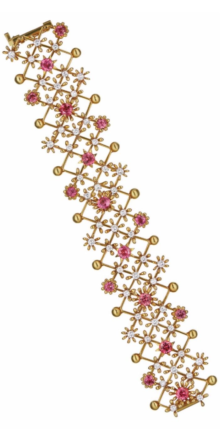 A Gold, Pink Sapphire, and Diamond Bracelet by Schlumberger for Tiffany: The pol...