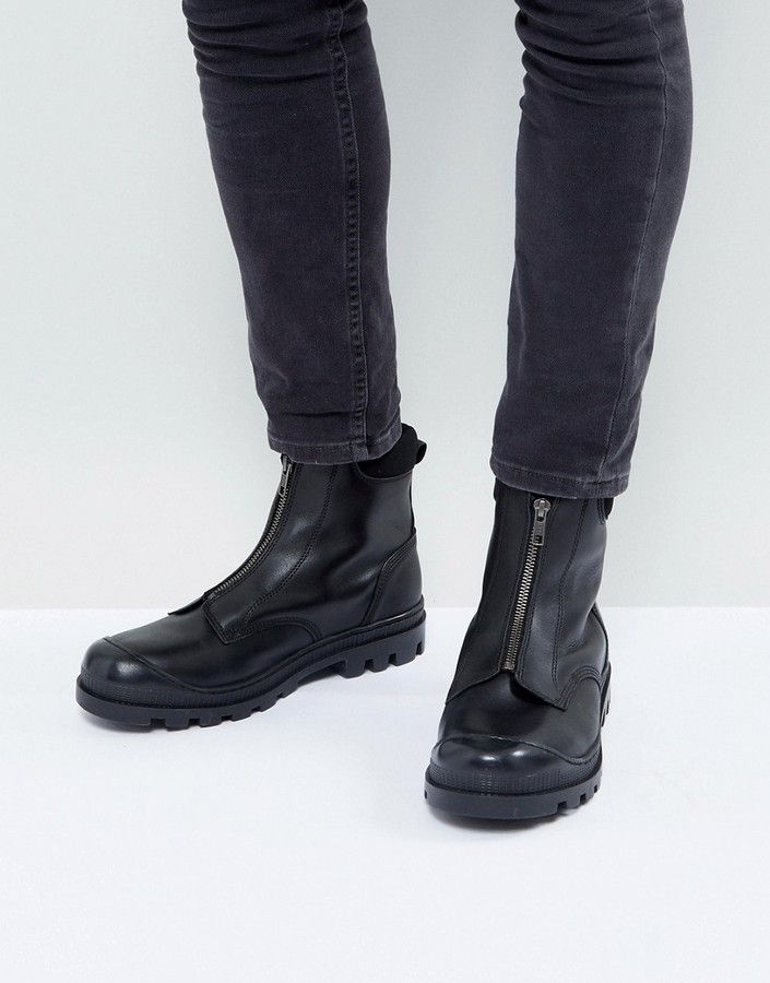 ASOS Chelsea Boots In Black Leather With Front Zip Detail And Cleated Sole