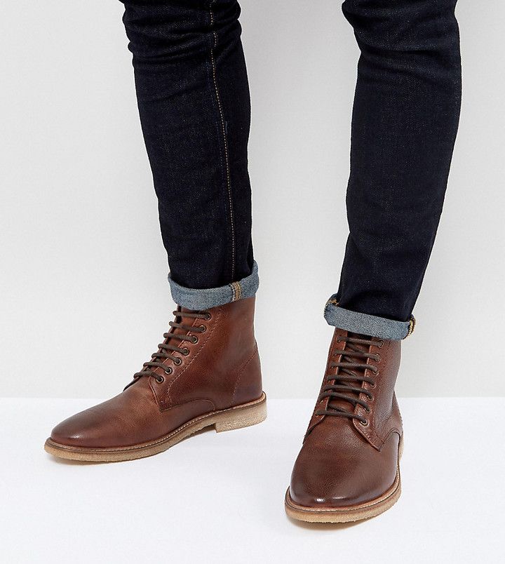 ASOS Wide Fit Lace Up Boots In Tan Leather With Natural Sole