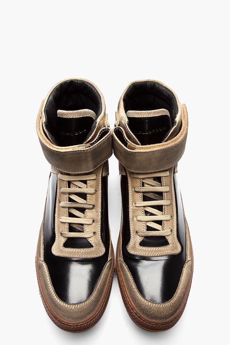 DIESEL BLACK GOLD Beige Distressed Suede & Patent Leather Velcro High-Top Sneake...