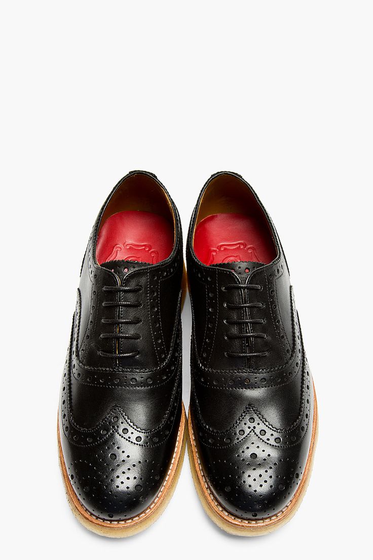GRENSON Black Leather Crepe Sole Wingtip Brogues