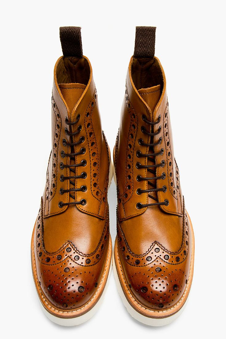 GRENSON Tan Leather Double Sole Fred Brogue Boots