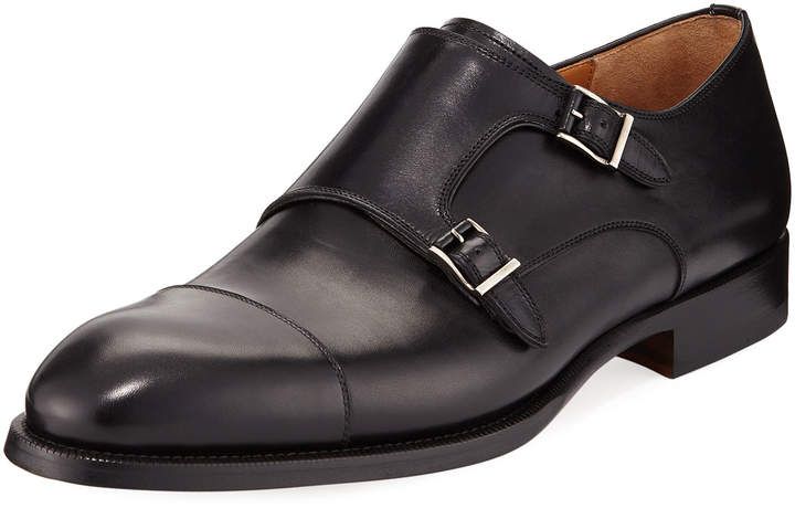 Magnanni for Neiman Marcus Calf Leather Monk-Strap Loafer, Blck