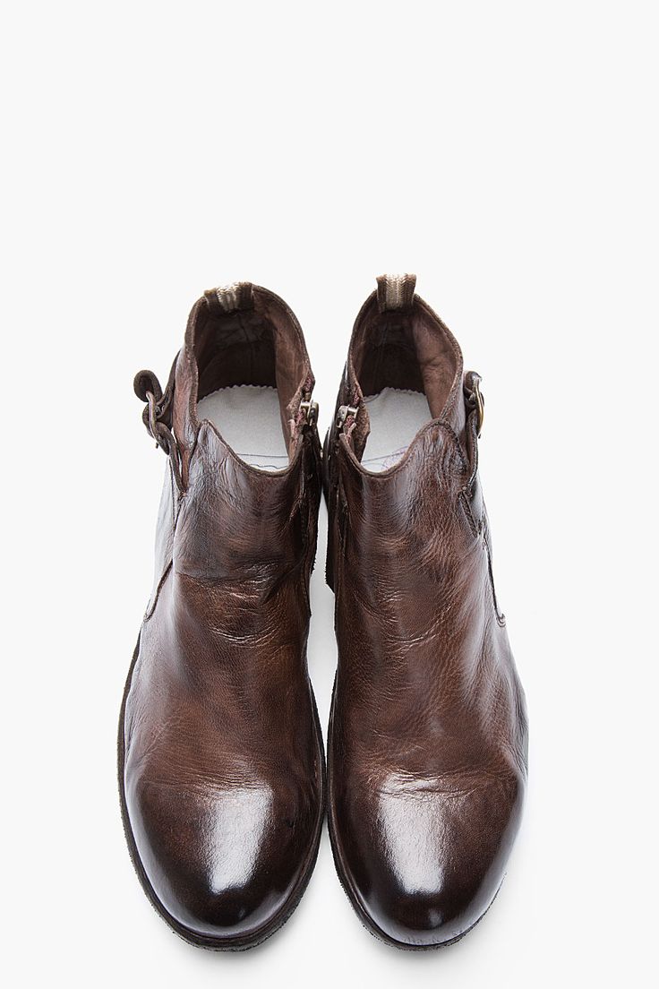 OFFICINE CREATIVE Dark Brown Polished Leather Ankle Strap Boots