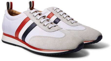 Thom Browne Striped Suede And Leather-Trimmed Canvas Sneakers