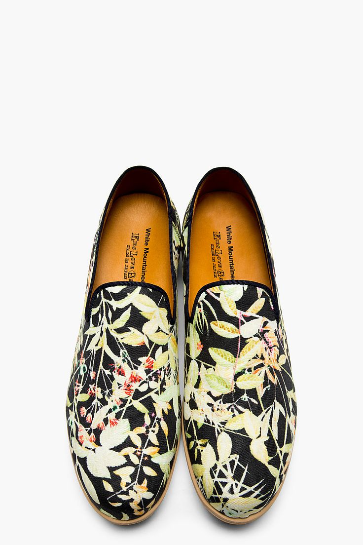 White Mountaineering Black and Green Floral Loafers