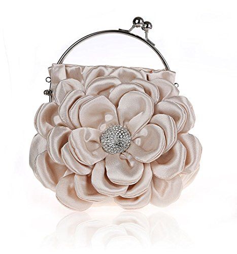 Floral Embellish Women's Satin Pleated Flower Front Evening Bag Clutch Handb...