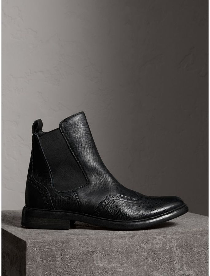 Burberry Brogue Detail Polished Leather Chelsea Boots