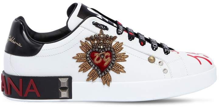 Heart Patch Embellished Leather Sneakers